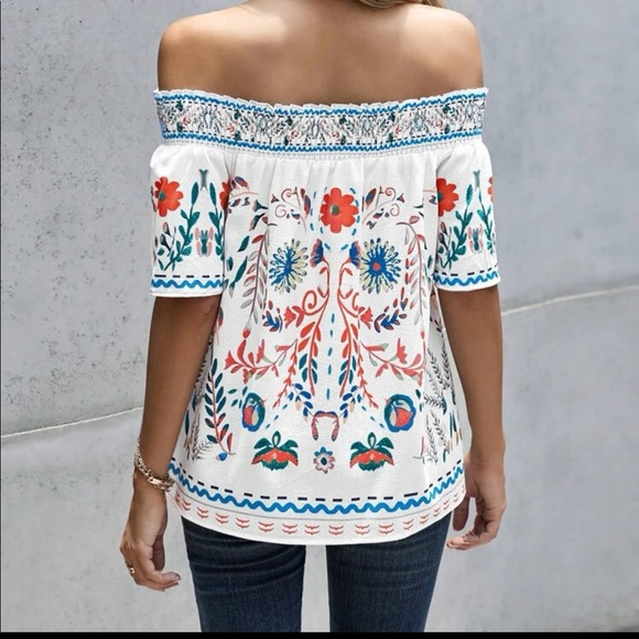 Boho floral print off shoulder blouse White - Picture 2 of 9